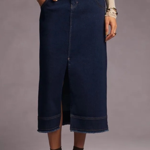 Anthropologie Pilcro Slit Front Denim Maxi Skirt Stretch Fray Hem Dark Blue - Picture 2 of 10